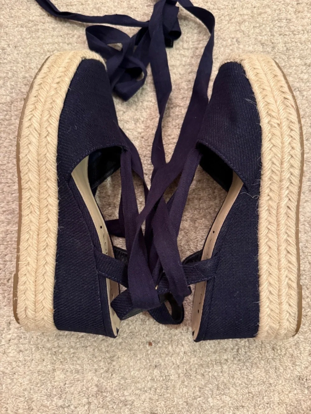 Via Spiga Navy Canvas Espadrille Wedge Sandals with Ankle Ties